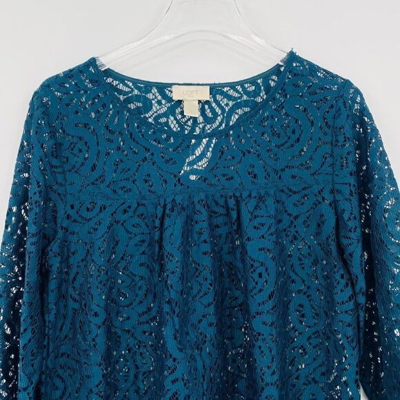 NEW LOFT Size Small Dark Teal Lace Half Sleeve Career Blouse Top - Picture 2 of 7
